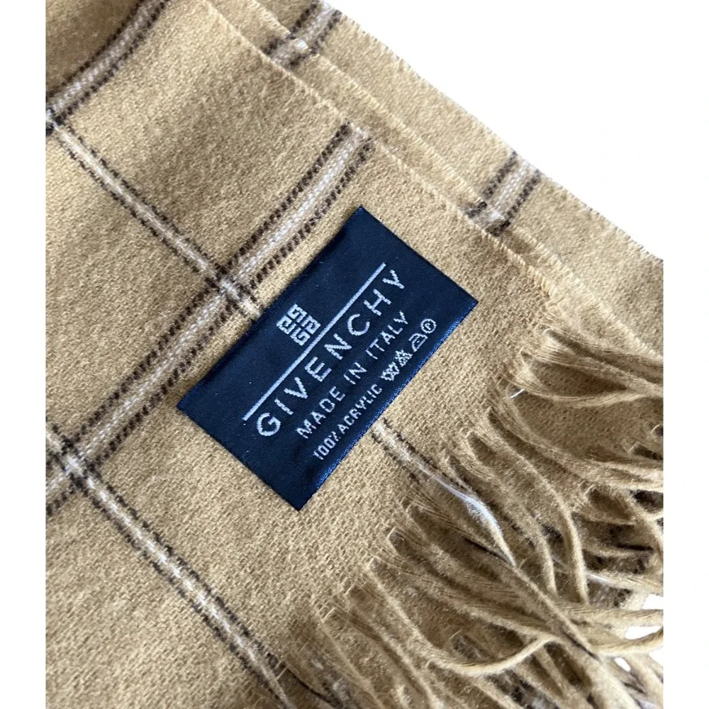 GIVENCHY Made in Italy ACRYLIC KNIT SCARF Unisex Men's TAN PLAID Fringe Trim